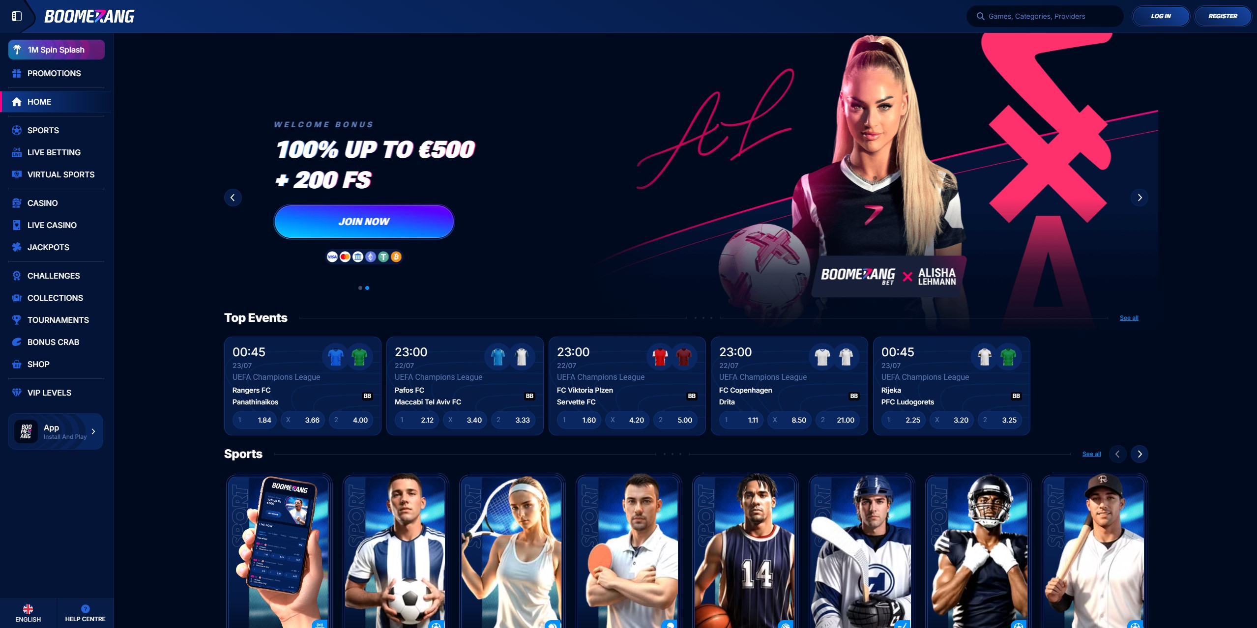 Boomerang Casino main interface on desktop