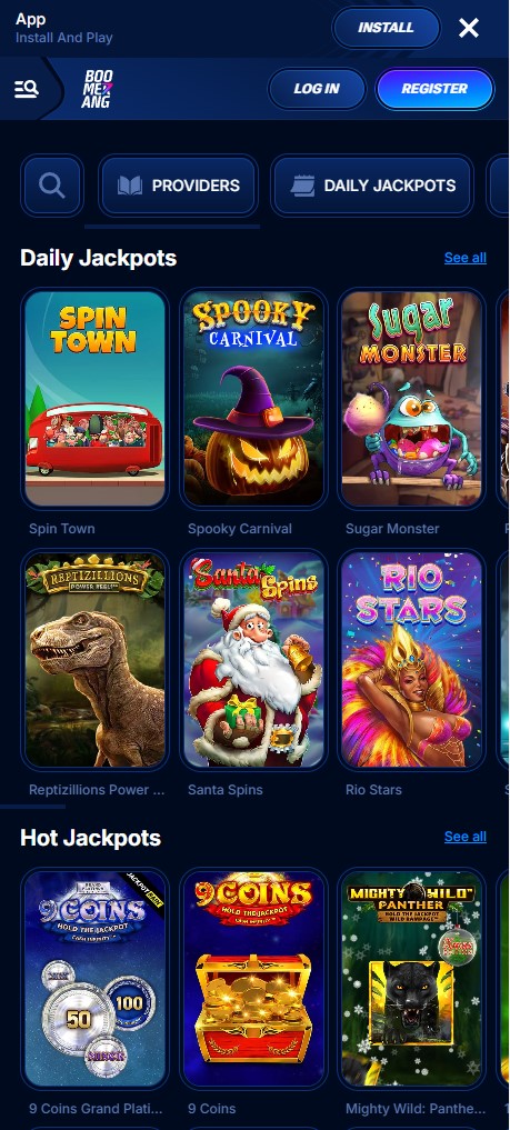 Jackpot games on Boomerang Casino mobile view